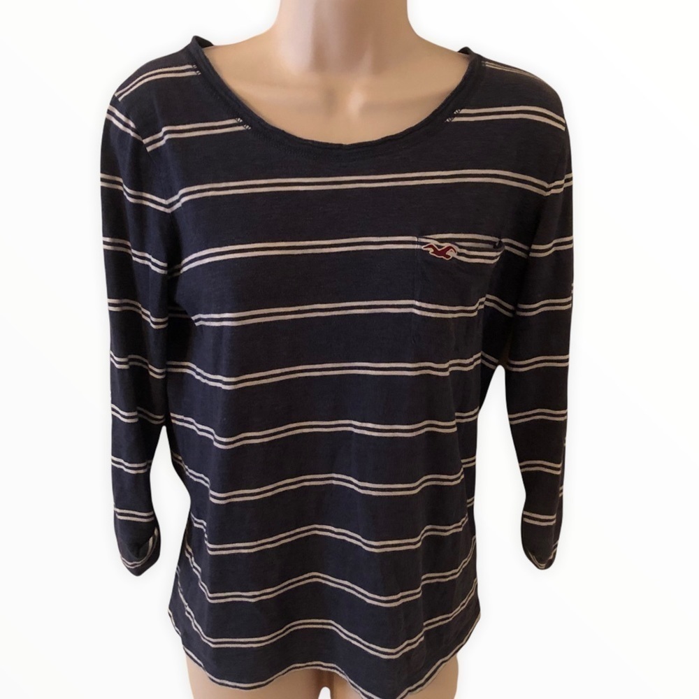 Hollister Navy and White Striped Long Sleeve Top